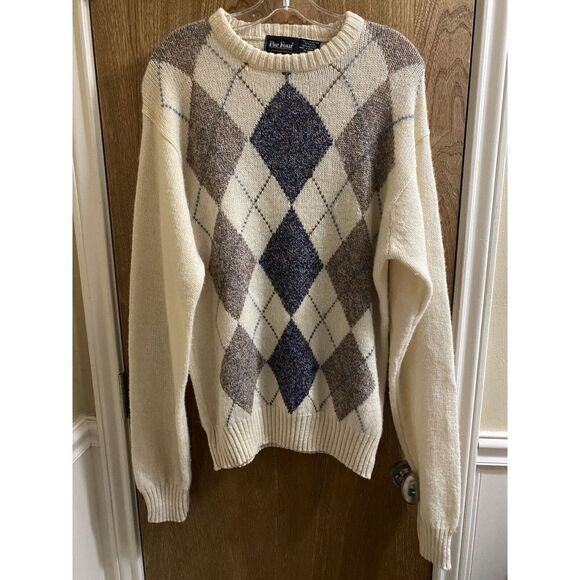 Vintage Par Four Sportswear Ivory Argyle Print Wool V-Neck Sweater Tall LT 42-44 - Picture 1 of 11
